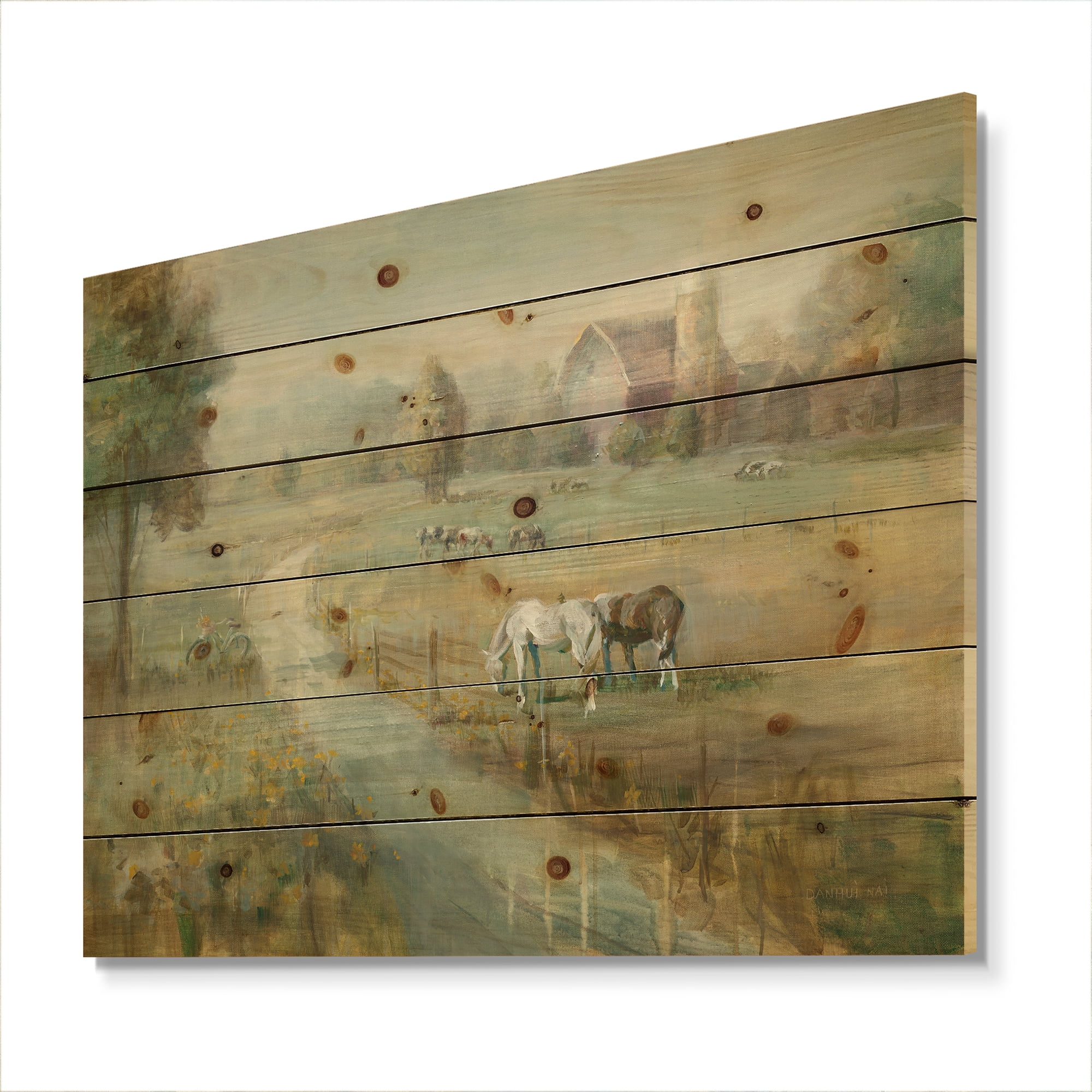 Designart 'Tranquil Country Farm Field' Farmhouse Print on Natural Pine Wood