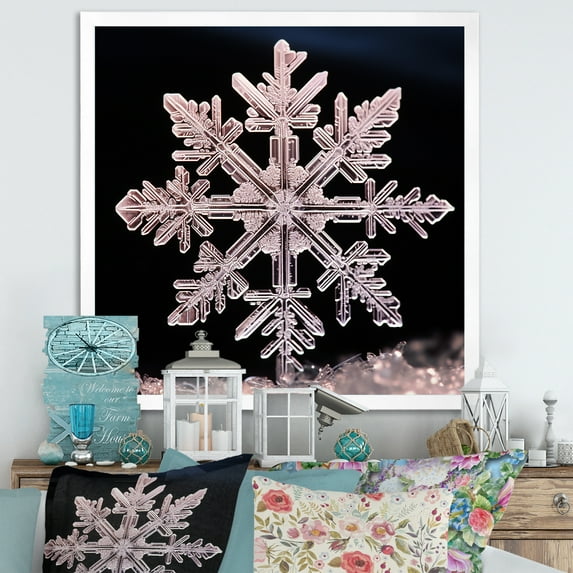 Designart "Tranquil Crystal Snowflake I" Landscapes Framed Wall Art Decor - Traditional Black Winter Landscape Entryway Framed Wall Art