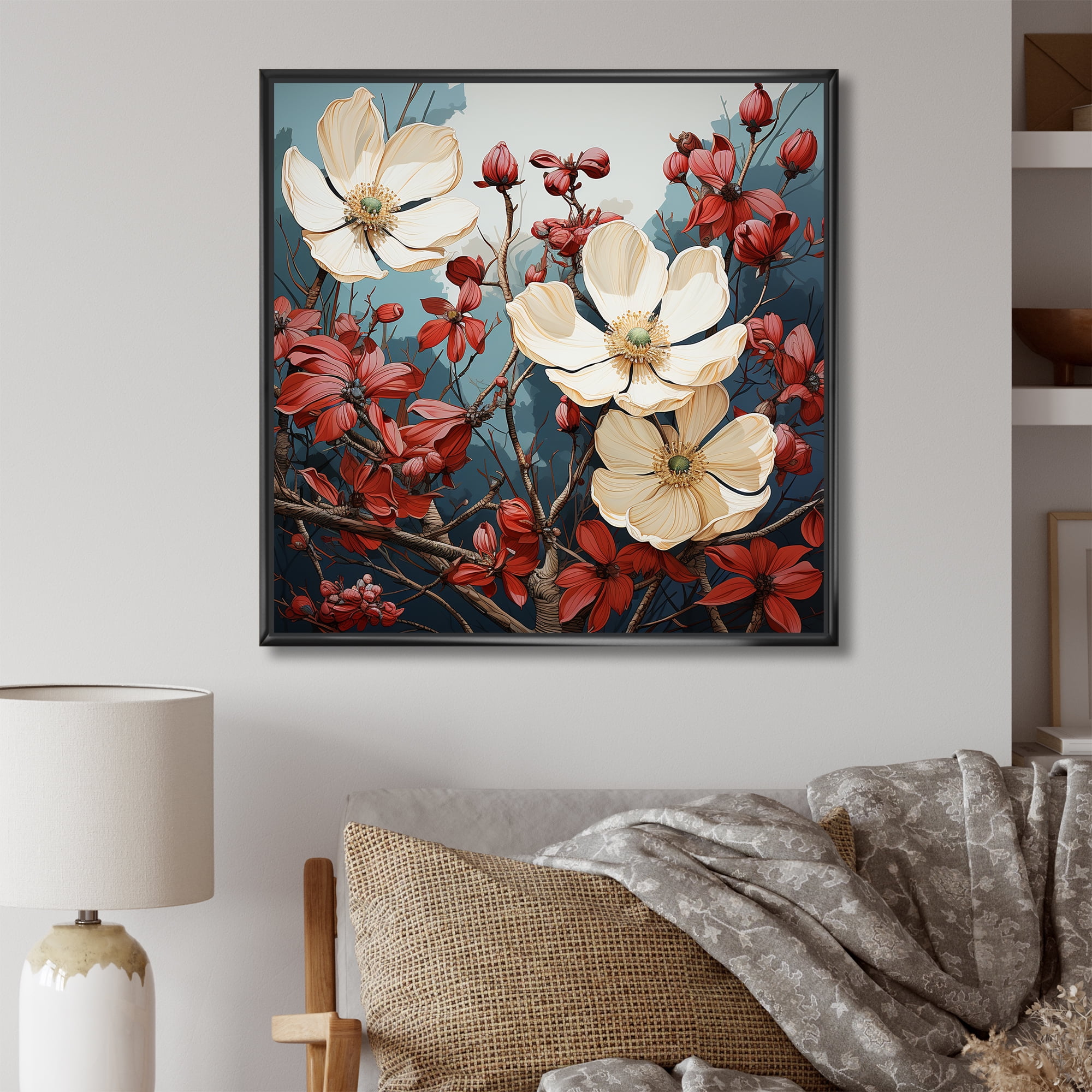 Designart "Tranquil Dogwood Flowers in White and Red II" Floral Framed