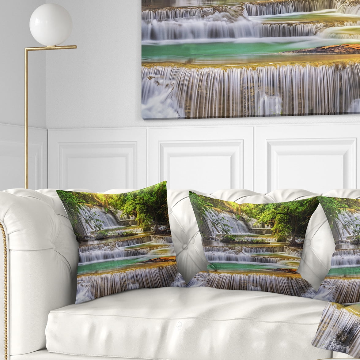 Designart Tranquil Erawan Waterfall - Landscape Printed Throw Pillow - 16x16