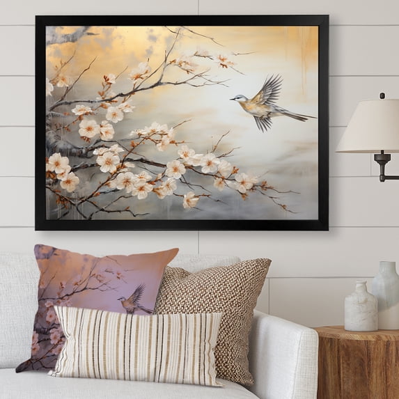 Designart "Tranquil Floral Tree with Grey and White Birds III" Animals Framed Wall Art Decor - Modern Farmhouse White Bird Entryway Framed Wall Art