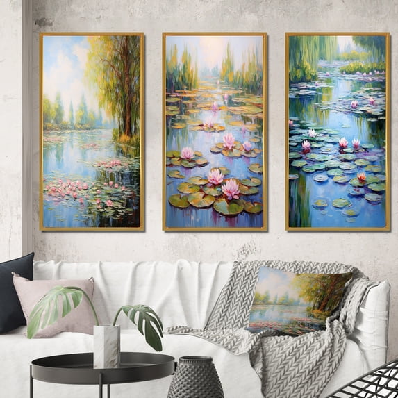 Designart "Tranquil Lake Serenity Pink Water Lilies in Bloom II" Lakehouse Framed Wall Art Set Of 3 - Green Lake House Frame Canvas Set For Living Room Decor