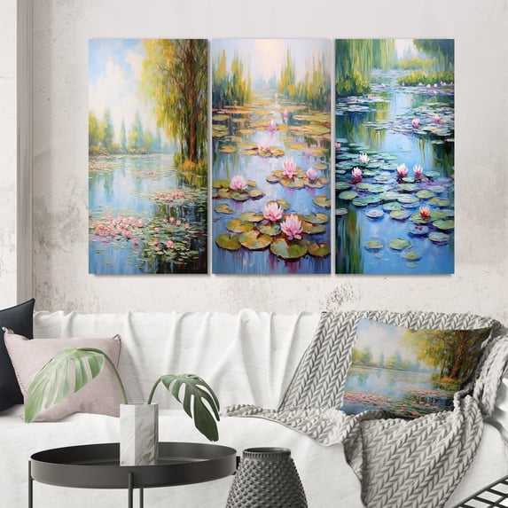 Designart "Tranquil Lake Serenity Pink Water Lilies in Bloom II" Lakehouse Wall Art Set Of 3 - Lake House Green Gallery Set For Office Decor