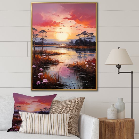 Designart "Tranquil Lakeside Sunrises I" Landscape Lake River Floater Framed Wall Art Living Room