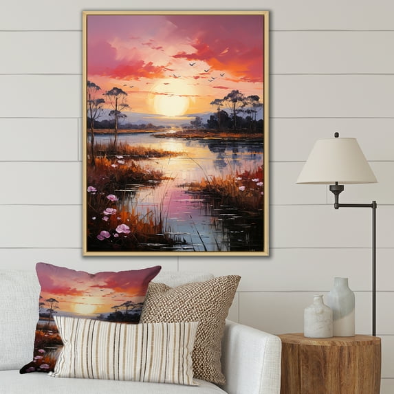 Designart "Tranquil Lakeside Sunrises I" Landscape Lake River Floater Framed Wall Art Living Room