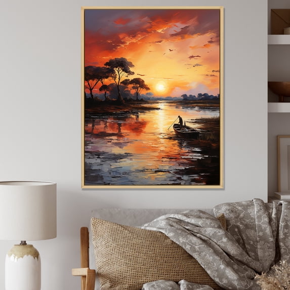 Designart "Tranquil Lakeside Sunrises" Landscape Lake River Floater Framed Wall Art Prints