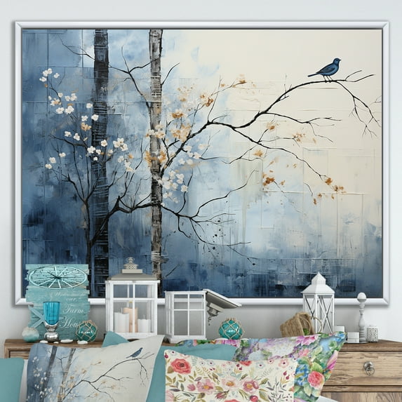 Designart "Tranquil Minimalism In Beige And Blue Countryside III" Countryside Floater Framed Canvas Wall Art
