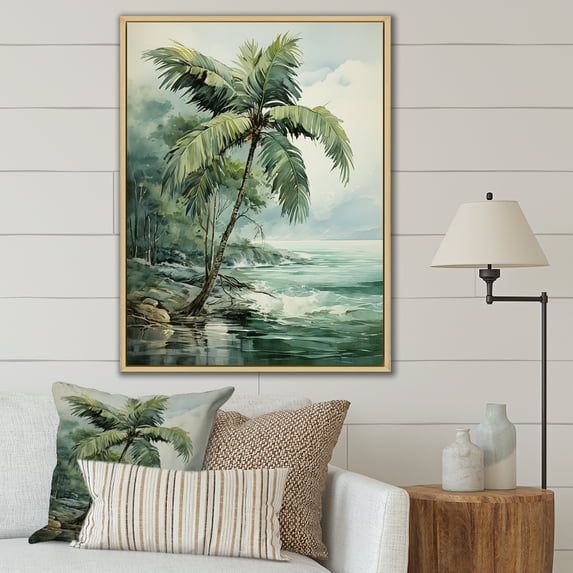 Designart "Tranquil Palms By The Beachside" Palms & Palm Trees Floater Framed Wall Art Living Room