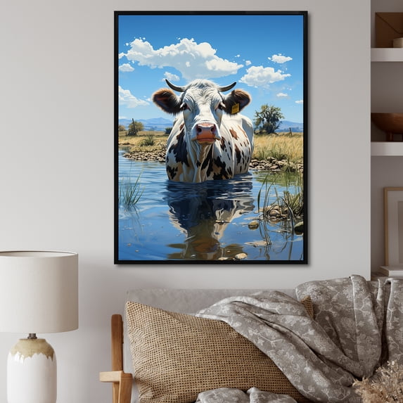 Designart "Tranquil Pasture With A Cow" Animals Cow Floater Framed Wall Art Prints