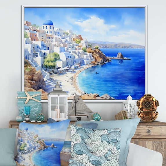 Designart "Tranquil Santorini, Greece" Landscapes Framed Wall Art - Country White Greece Entryway Framed Wall Art