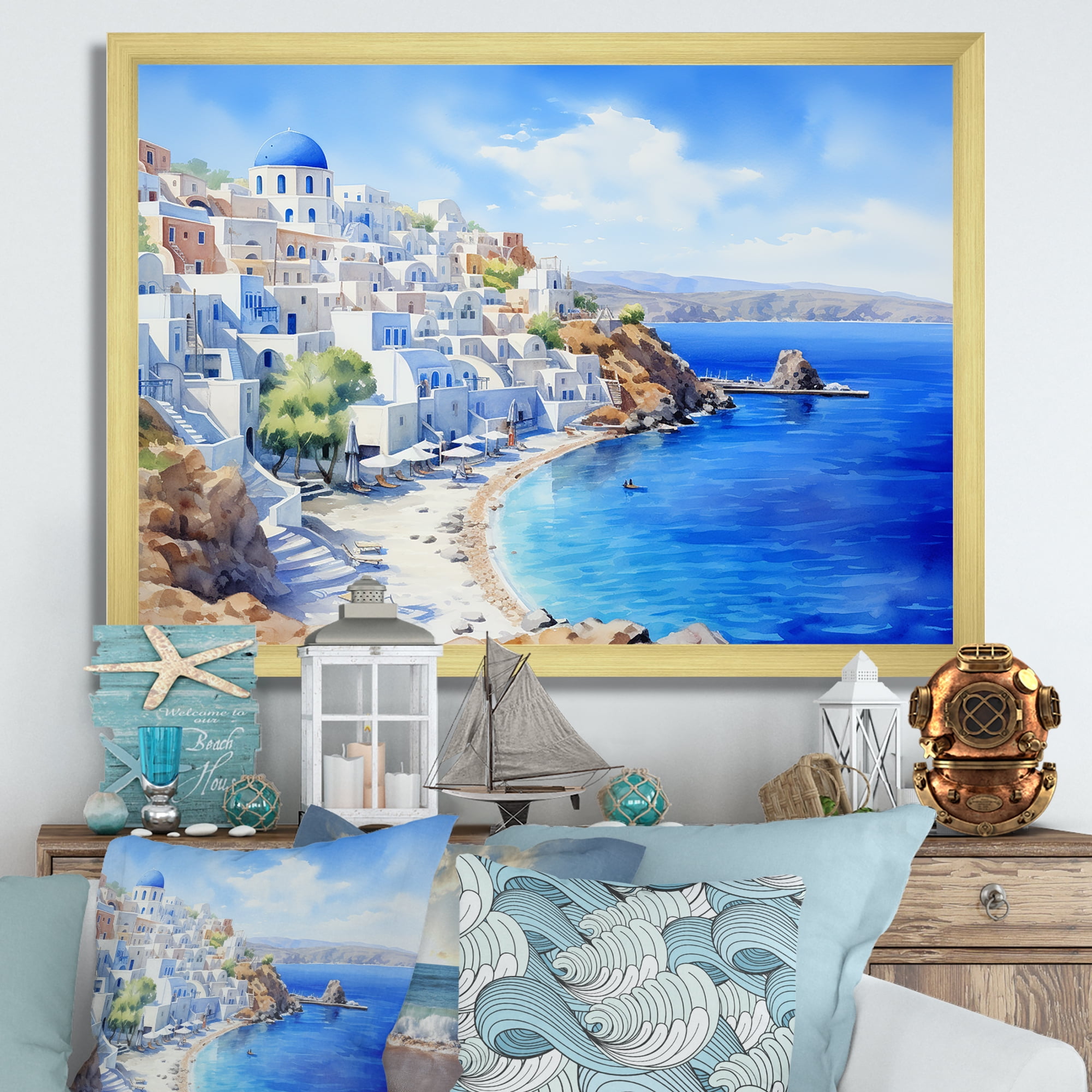 Designart "Tranquil Santorini, Greece" Landscapes Framed Wall Art Decor