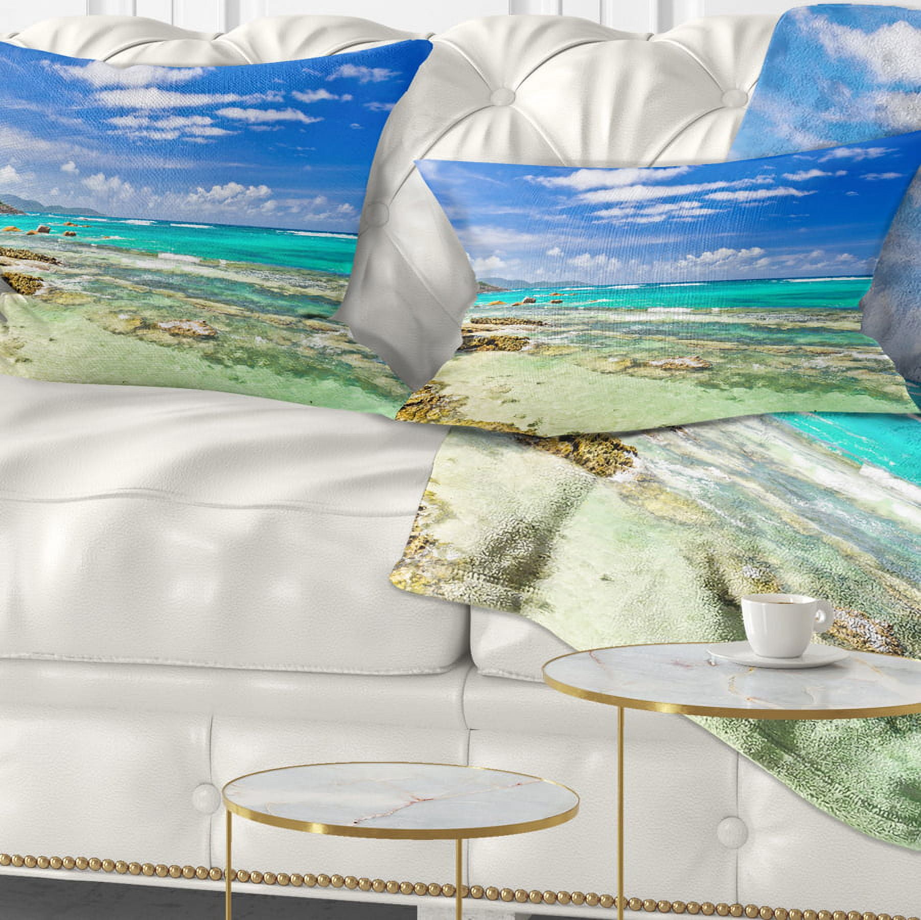 Designart Tranquil Seychelles Tropical Beach - Modern Seascape Throw Pillow - 12x20