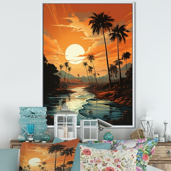 Designart "Tranquil Sunset In Tangerine Twilight In The Tropics II" Palms & Palm Trees Floater Framed Canvas Art Print