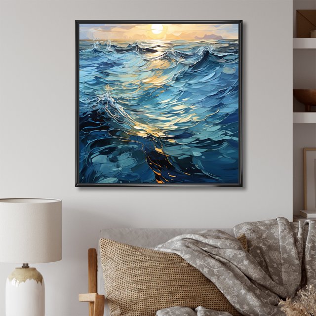 Designart "Tranquil Sunset Ripples I" Landscape Lake River Floater Framed Wall Decor