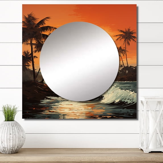 Designart "Sunset Tranquility In Tropical Twilight" Palms & Palm Trees Orange Large Square Mirror - Square Bedroom Mirror Printed Wall Decor - Traditional Square Printed Wall Mirror Art