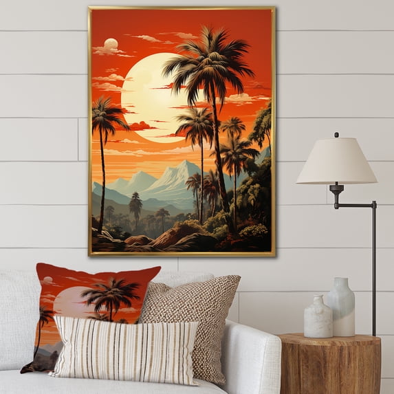 Designart "Tranquil Tangerine Twilight In The Tropics" Palms & Palm Trees Floater Framed Wall Art Living Room
