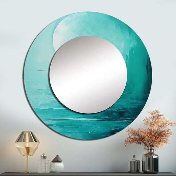 Designart "Tranquil Teal Moon I" Moon Round Mirror Wall Decor Astronomy - Large Blue Round Bathroom Mirror - Round Mirror - 29" x 29"