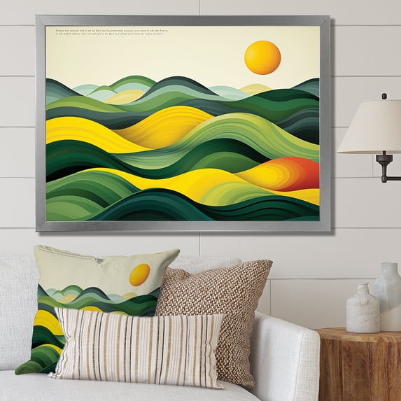 Designart "Tranquil Valley Green and Yellow Lines" Landscapes Framed Wall Art Decor - Traditional Green Meadow Living Room Framed Canvas Art