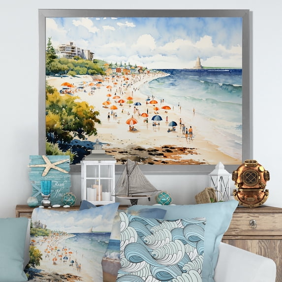 Designart "Tranquil Vintage Beach Day I" Beach Framed Wall Art Decor - Coastal Green Coastal Beach Sand Entryway Framed Wall Art