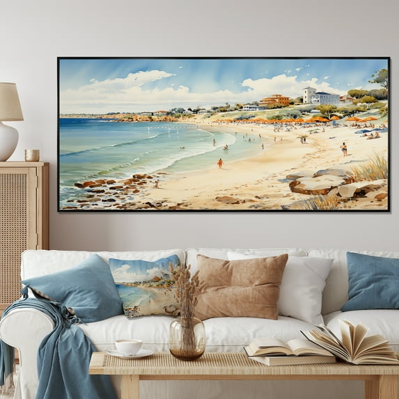 Designart "Tranquil Vintage Beach Day II" Oversized Beach Framed Wall Art - Coastal Green Coastal Beach Sand Entryway Framed Wall Art