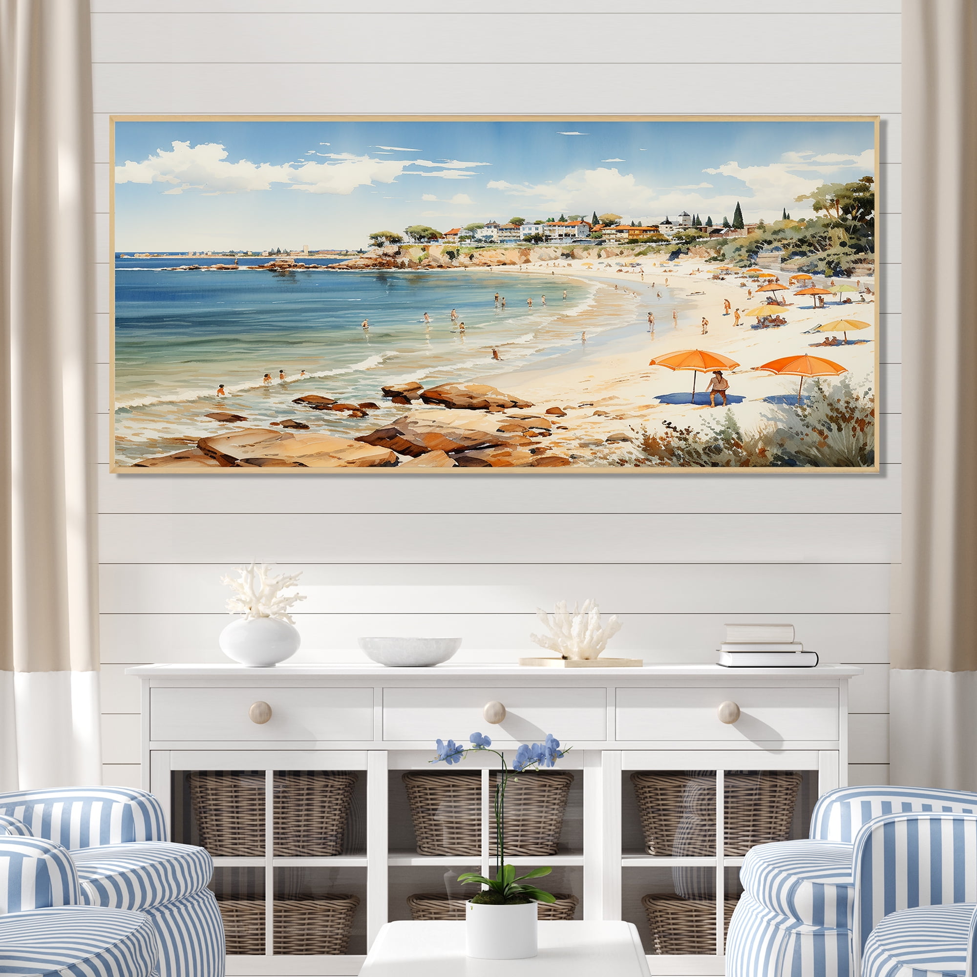 Vintage Coastal Beach Day Canvas Print with Maple Frame