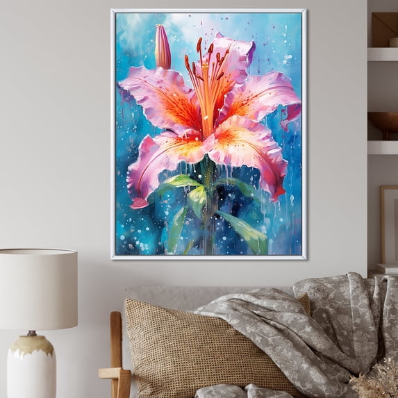 Designart "Tranquil Watercolor: Coral Lily Flower" Lily Floater Framed Canvas Prints