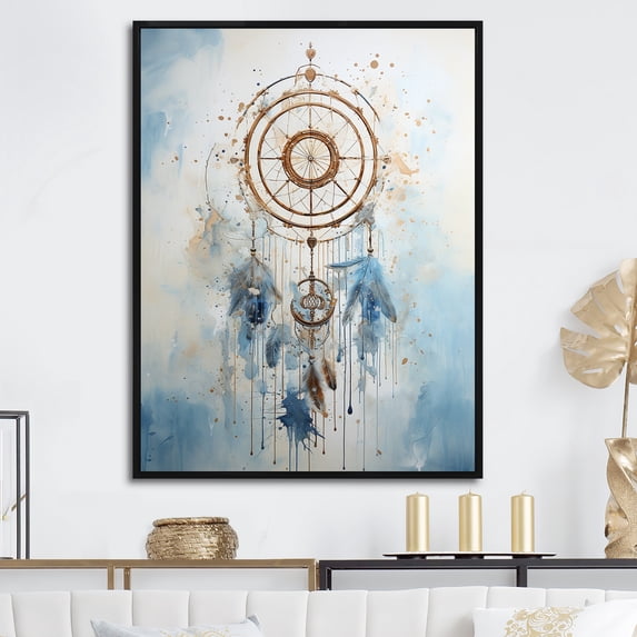 Designart "Tranquil White And Blue Dreamcatcher I" Dream catcher Floater Framed Canvas Prints
