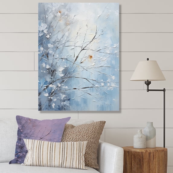 Designart "Tranquil White Winter Trees I" Landscapes Canvas Wall Art - Traditional Grey Winter Landscape Living Room Canvas Art