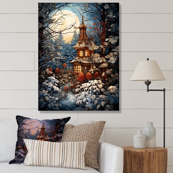Designart "Tranquil Winter Cottage Retreat II" Landscapes Canvas Wall Art - Traditional Yellow Winter Landscape Bedroom Canvas Wall Art