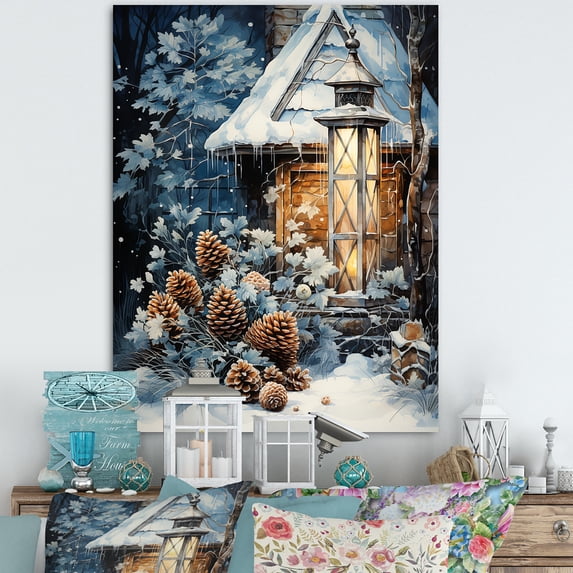 Designart "Tranquil Winter Cottage Retreat III" Landscapes Canvas Wall Art - Traditional White Winter Landscape Entryway Wall Art Print