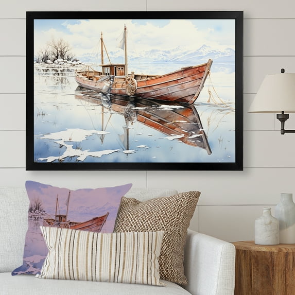 Designart "Tranquil Winter Waters Red and White Fishing Boat II" Abstract Framed Wall Art Decor - Modern Red Minimalism Entryway Framed Wall Art Print