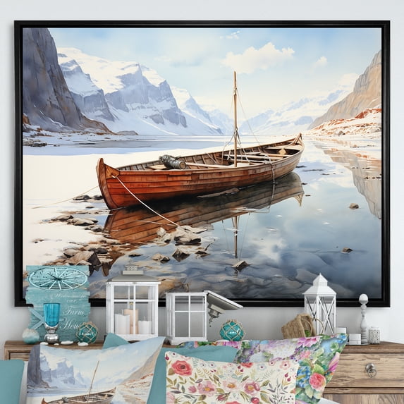 Designart "Tranquil Winter Waters Red and White Fishing Boat III" Abstract Framed Wall Art - Transitional Red Minimalism Hallway Framed Wall Art Decor