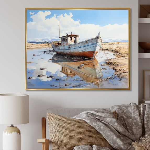 Designart "Tranquil Winter Waters Red and White Fishing Boat IV" Abstract Framed Wall Art - Transitional Red Minimalism Living Room Framed Canvas Art