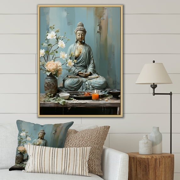 Designart "Tranquil Zen with Blue Buddha Statue I" Spiritual Framed Wall Art - Global Blue Meditation Entryway Framed Wall Art Print