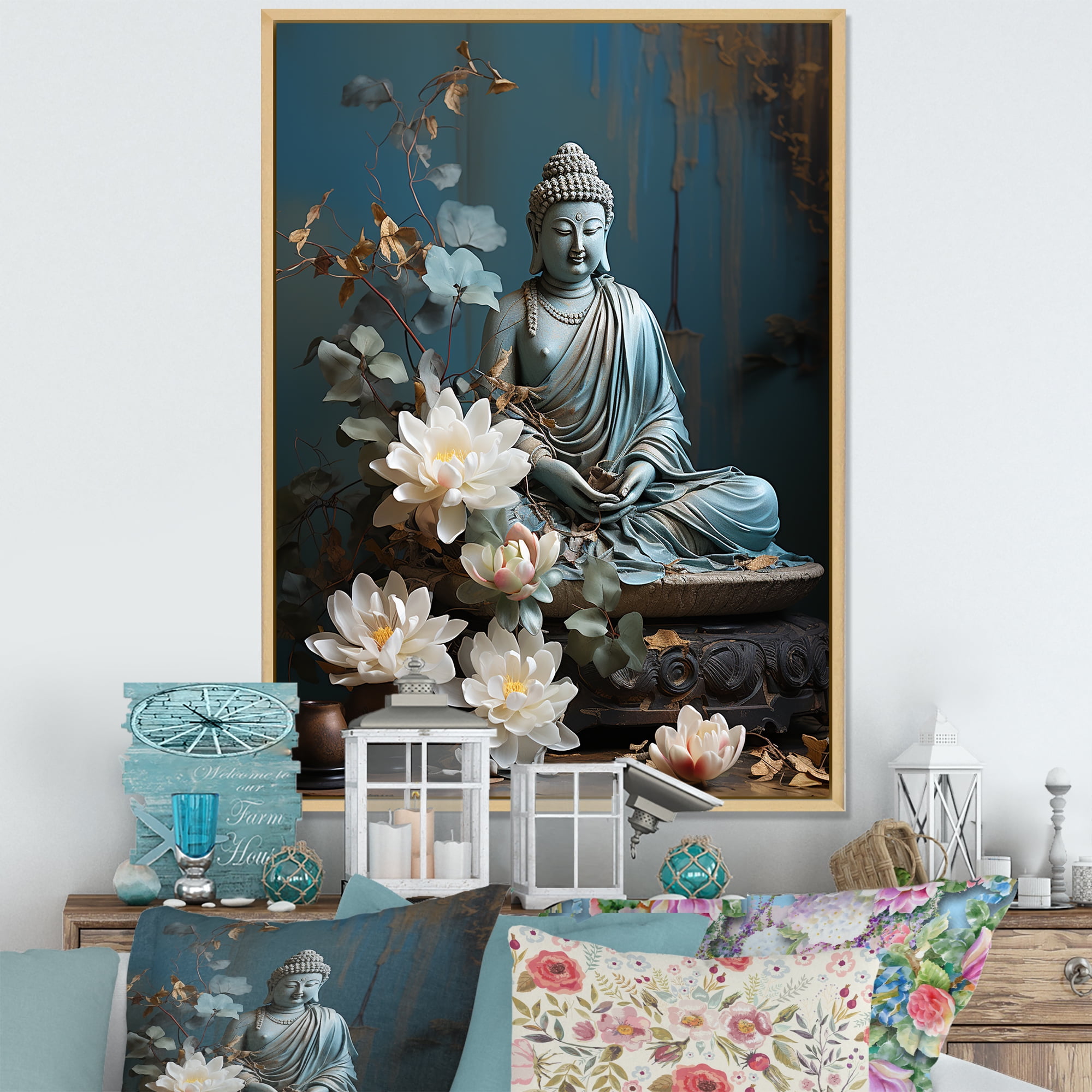 Designart "Tranquil Zen with Blue Buddha Statue II" Spiritual Framed
