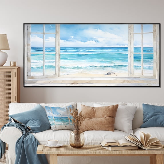 Designart "Tranquility by the Beach Window Views II" Extra Large Coastal Framed Wall Art - Coastal Blue Coastal Windows Entryway Framed Wall Art