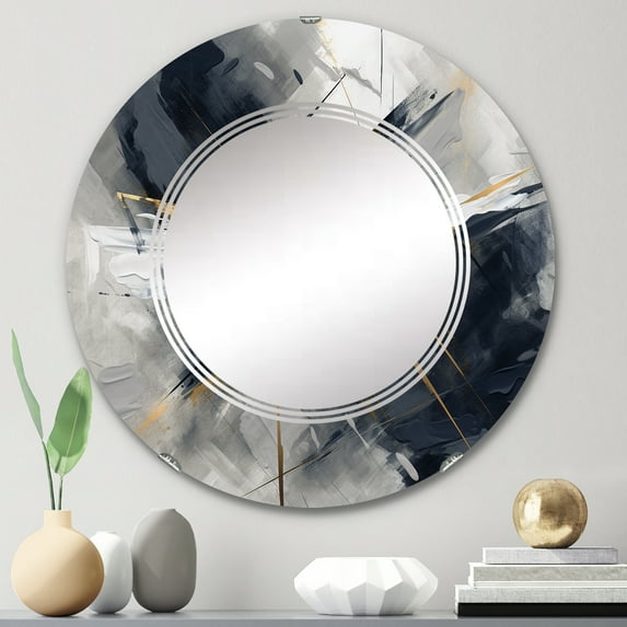 Designart "Transcendent Impressions in Grey and Gold III" Abstract Shapes Round Wall Mirror - Modern Oval Printed Decorative Oversized Mirror - Multiple Color Options