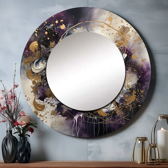 Designart "Transcendent Liquid Ink in Gold and Purple" Abstract Marble Rund Mirror For Wall Decor - Large Gold Round Printed Mirror -Modern Round Living Room Mirror - 36" x 36"