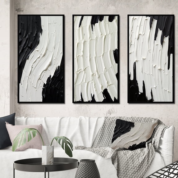 Designart "Transient Essence Monochrome Abstract Symphony II" Abstract Painting Framed Wall Art Set Of 3 - Black Modern Frame Gallery Wall Set For Home Decor