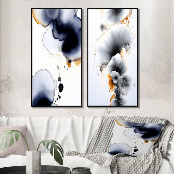 Designart "Transient Spirit Deep Blue Ink Abstract" Abstract Painting Framed Wall Art Set Of 2 - Modern Blue Framed Canvas Set For Living Room Decor