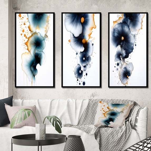 Designart "Transient Spirit Deep Blue Ink Abstract IV" Abstract Painting Framed Wall Art Set Of 3 - Blue Modern Frame Gallery Set For Office Decor