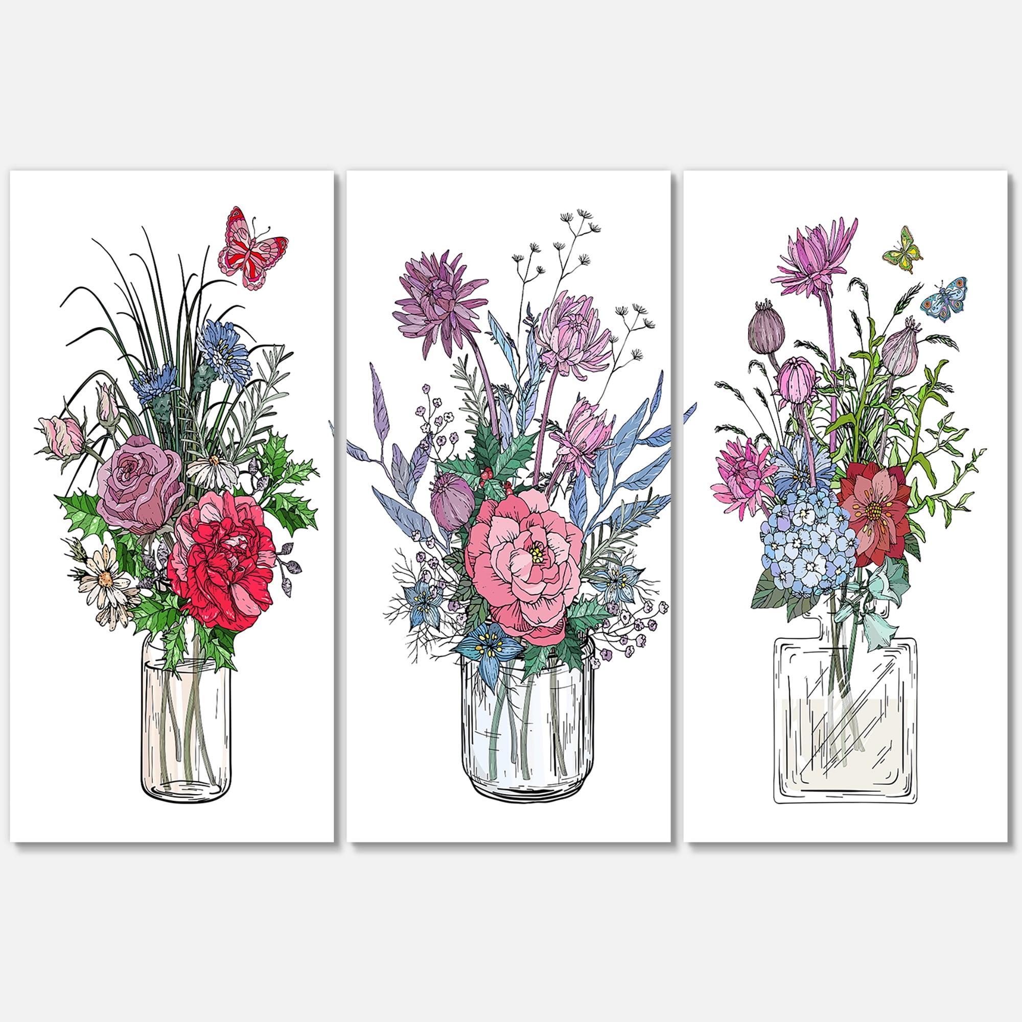 Designart ' Transparent Vases With Bouquets of Wildflowers I ' Farmhouse Canvas Wall Art Print