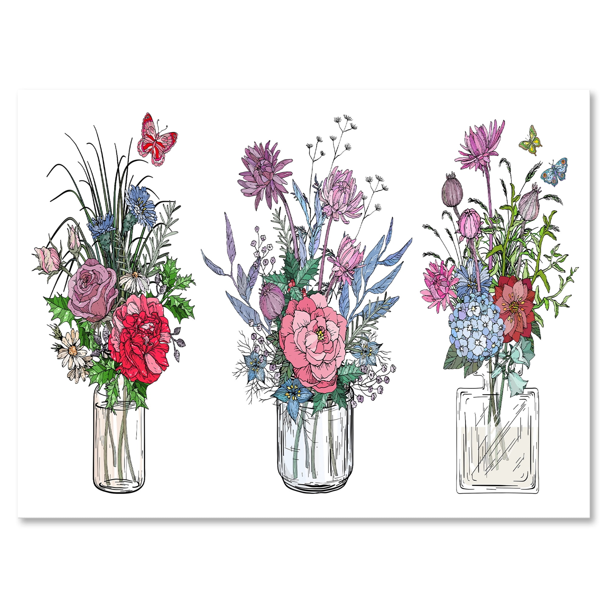 Designart ' Transparent Vases with Bouquets of Wildflowers I ' Farmhouse Canvas Wall Art Print, image size:2000x2000