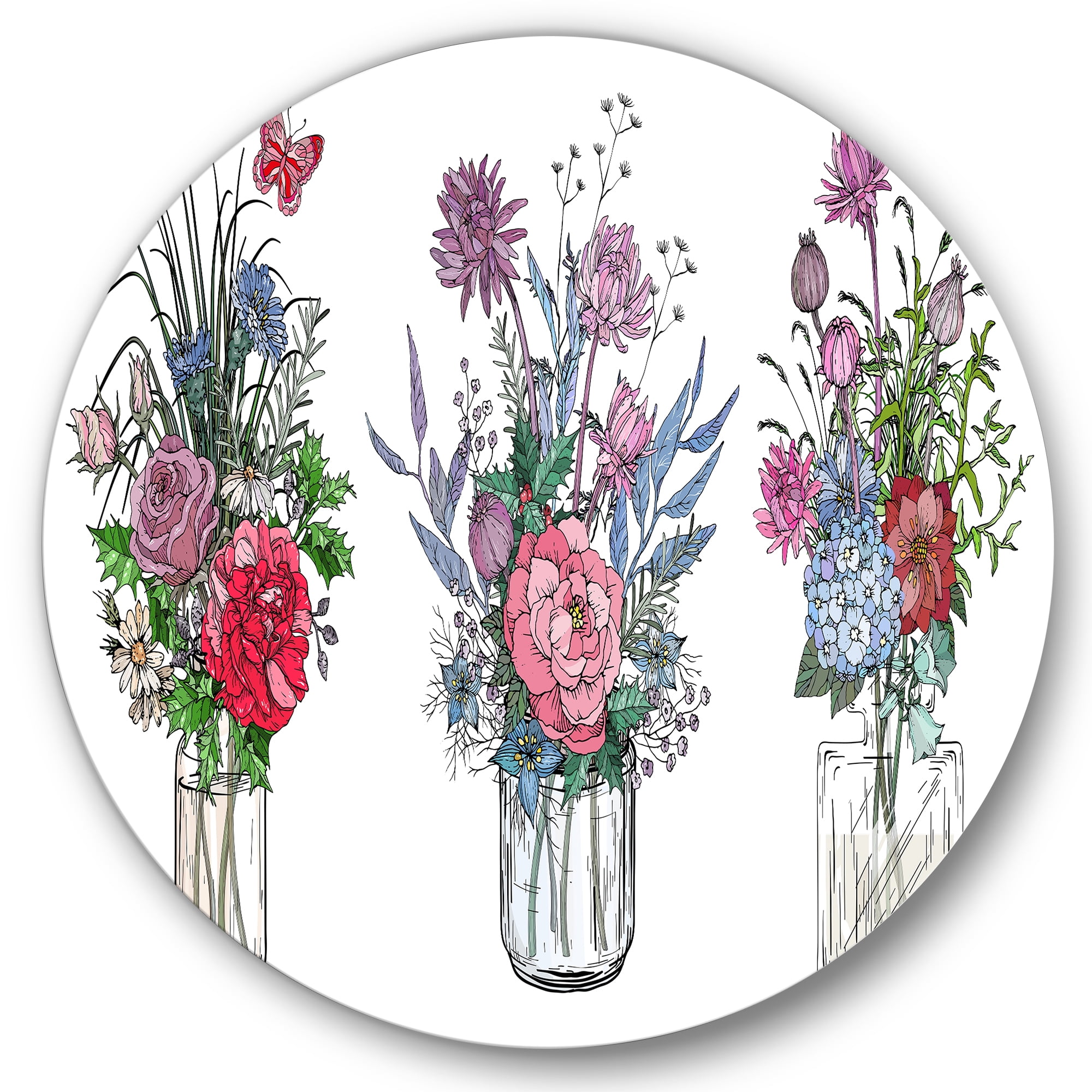 Designart 'Transparent Vases With Bouquets of Wildflowers I' Farmhouse Circle Metal Wall Art 36x36 - Disc of 36