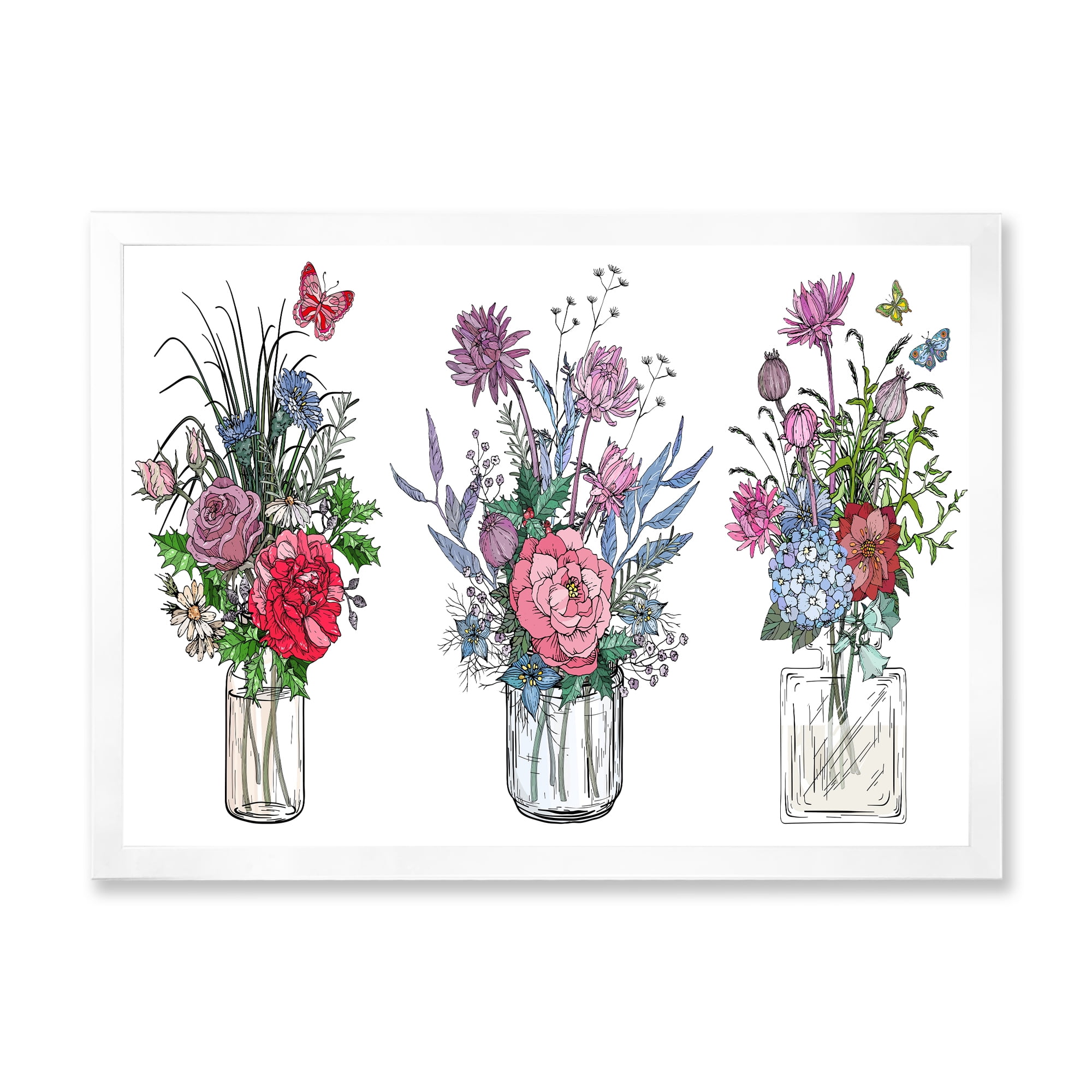 Designart 'Transparent Vases With Bouquets of Wildflowers I' Farmhouse Framed Art Print