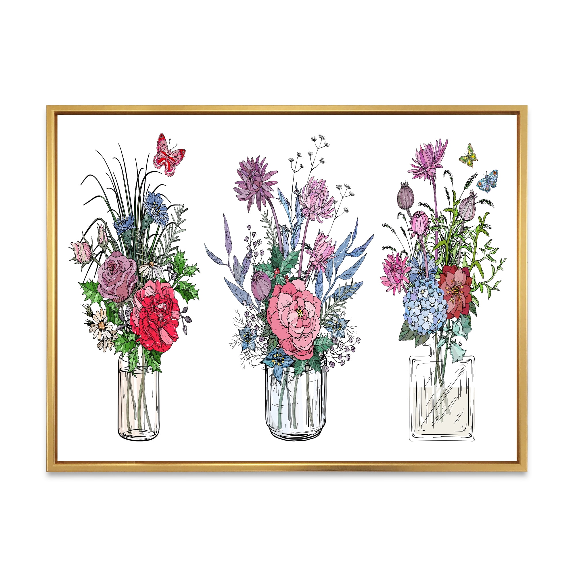 Designart 'Transparent Vases With Bouquets of Wildflowers I' Farmhouse Framed Canvas Wall Art Print