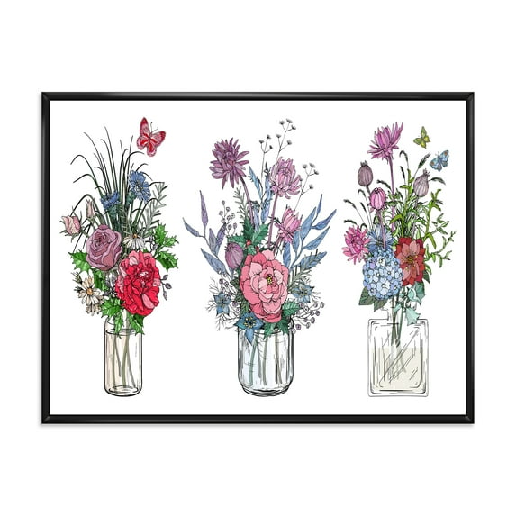 Designart 'Transparent Vases With Bouquets of Wildflowers I' Farmhouse Framed Canvas Wall Art Print