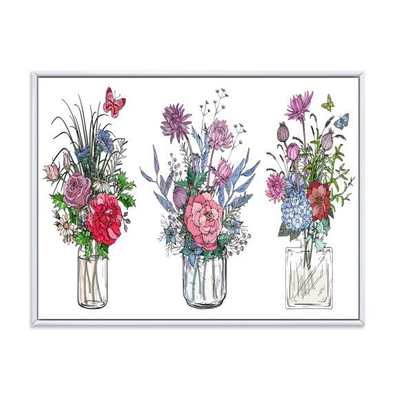 Designart 'Transparent Vases With Bouquets of Wildflowers I' Farmhouse Framed Canvas Wall Art Print
