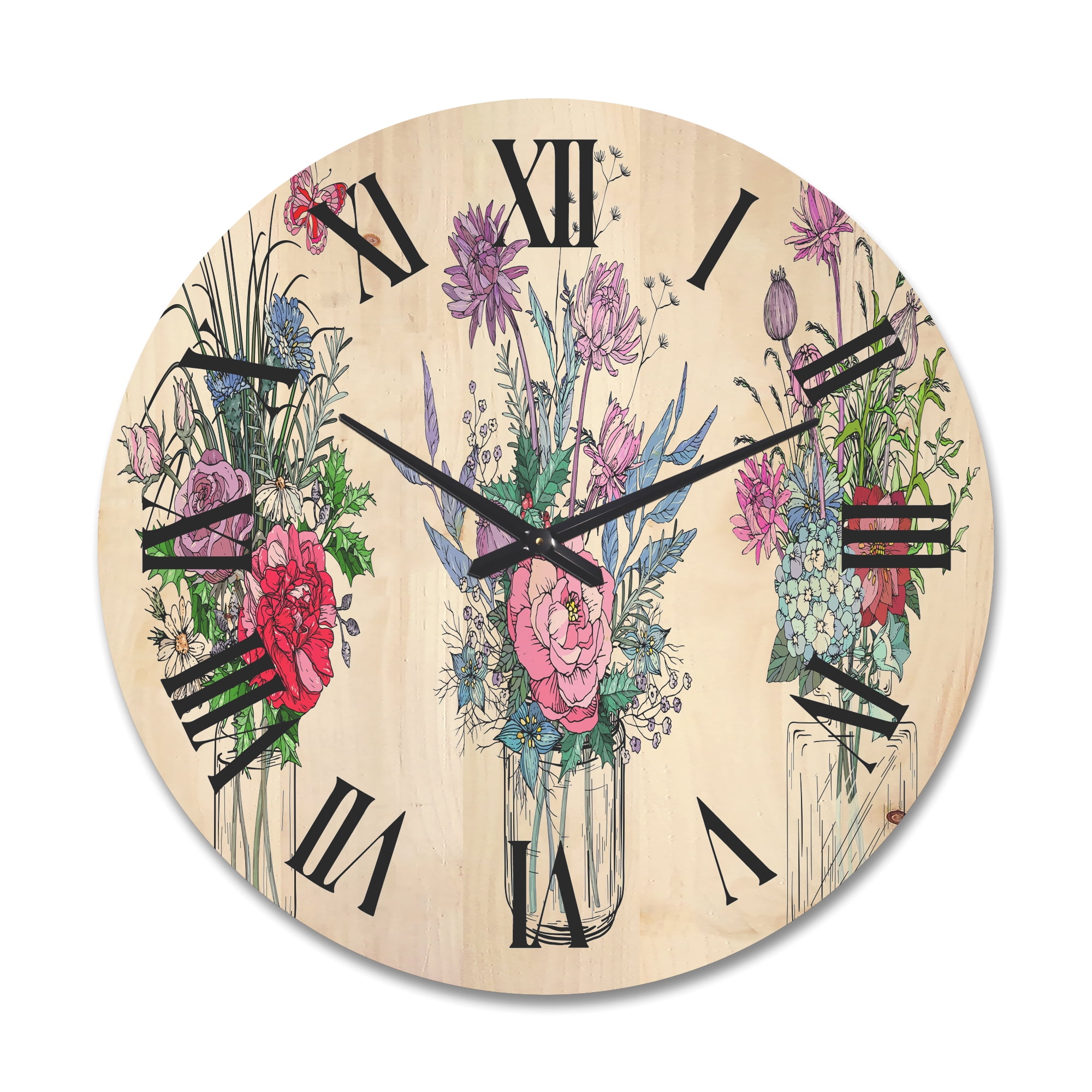 Designart 'Transparent Vases With Bouquets of Wildflowers I' Farmhouse Wood Wall Clock