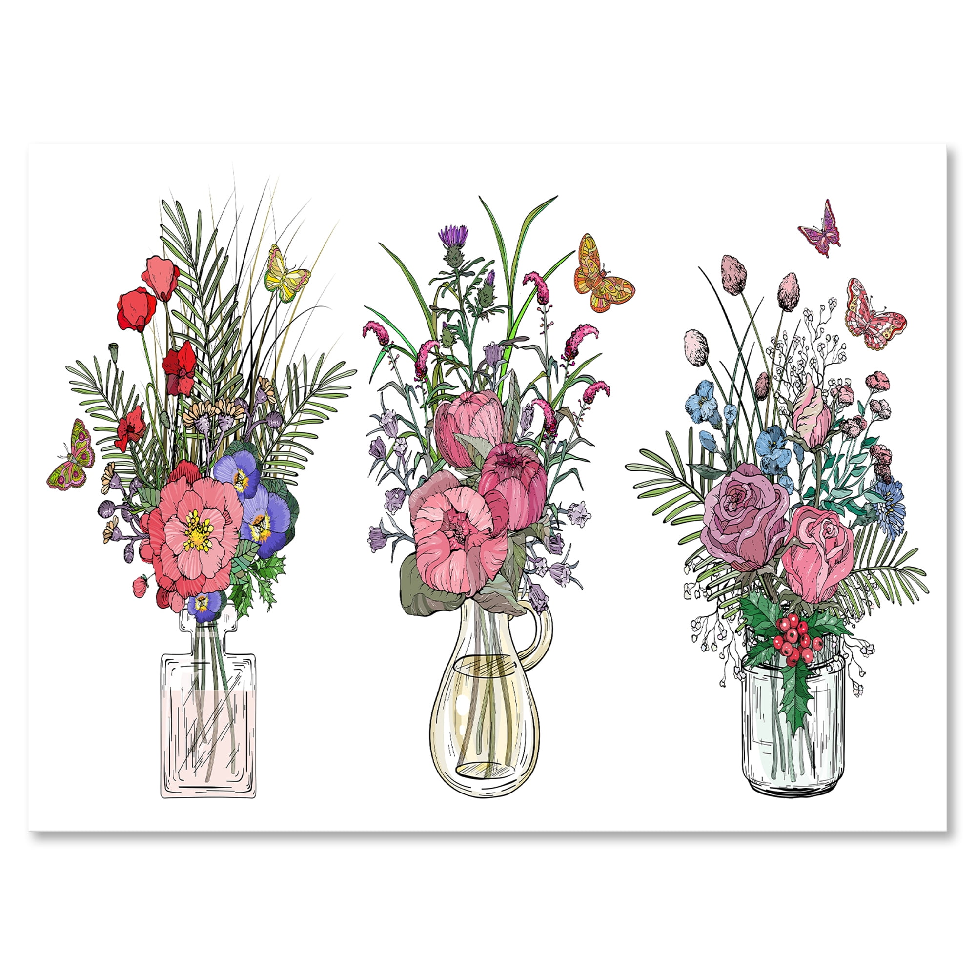 Designart ' Transparent Vases With Bouquets of Wildflowers II ' Farmhouse Canvas Wall Art Print